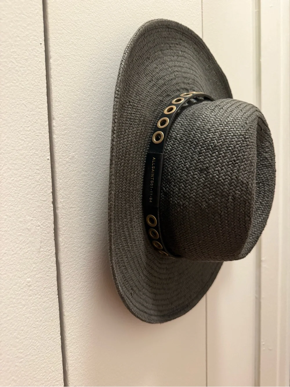 AllSaints Gray Straw Sun Hat with Grommet Band
